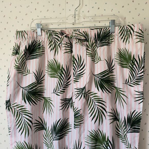 Lands End Pajama Pants XL Pink Stripes Palms Tropical Cotton Drawstring Pockets - Picture 3 of 9